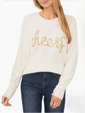 Vince Camuto Winter White Crewneck Sweater with Beaded Golden  "cheers"